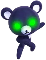 a purple teddy bear with green eyes is flying in the air