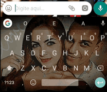 a keyboard with a picture of a man and a woman and the words digite aqui