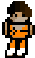 a pixel art of a person wearing an orange and black outfit