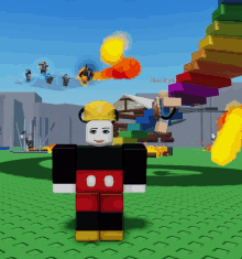 a person in a mickey mouse costume is in a video game with a rainbow staircase in the background