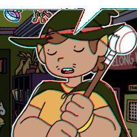 a cartoon of a boy in a witch hat holding a baseball bat