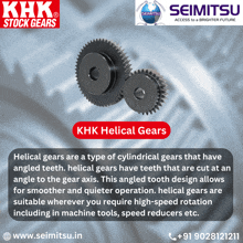 an advertisement for khk helical gears shows two gears on a blue background