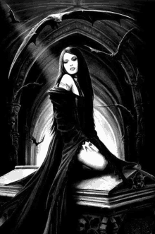 a black and white painting of a gothic woman in a black dress sitting on a ledge with bats behind her .