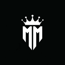 a white logo with the letter m and a crown on a black background