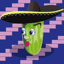 a cartoon of a cucumber wearing a sombrero with a pink lip