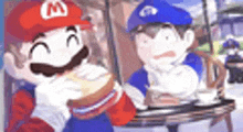 a cartoon of mario and smg sitting at a table eating a sandwich .