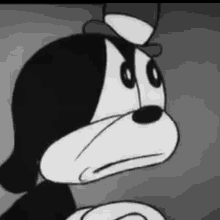 a black and white cartoon of a dog wearing a top hat and making a sad face .