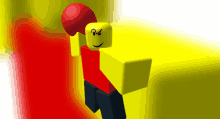 a yellow roblox character with an angry face is holding a red boxing glove