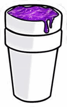 a styrofoam cup with purple liquid dripping from it .