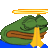 a green frog is sitting on a blue surface with a yellow umbrella in front of it .