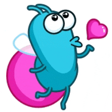 a blue cartoon character is holding a pink heart and a pink ball .