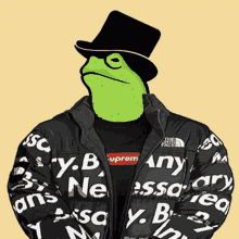 a frog wearing a top hat and a jacket that says supreme on the sleeves