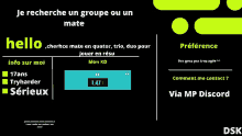 a black background with green circles and the words je recherche un groupe ou un mate at the top