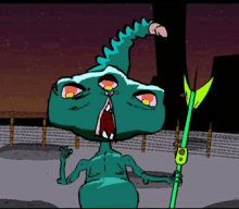 a cartoon drawing of a monster holding a green pole