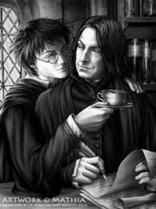 harry potter and severus snape are sitting at a table drinking tea .