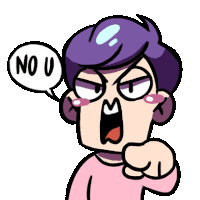 a cartoon character with purple hair is pointing at the camera with a speech bubble that says no u