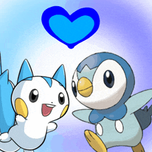 a cartoon drawing of a cat and a penguin with a blue heart above them