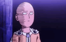 one punch man is a cartoon character with a bald head and a zipper on his jacket .