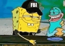 a cartoon of spongebob wearing a fbi hat and holding a hamburger .