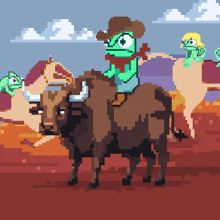 a pixel art drawing of a lizard wearing a cowboy hat riding a bull