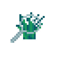 a pixel art illustration of a green object with a silver handle