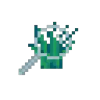 a pixel art illustration of a green object with a silver handle