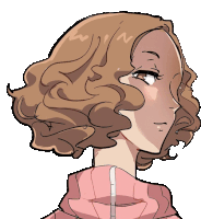 a drawing of a girl with curly hair wearing a pink turtleneck