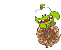 a green cartoon character is sitting on top of a bird nest