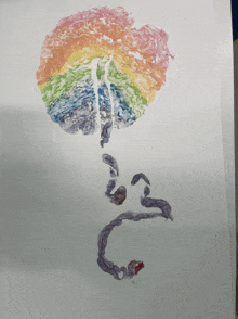 a painting of a rainbow colored umbrella with a silhouette of a person behind it