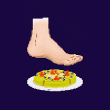 a pixel art illustration of a person 's foot standing on top of a cake .