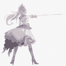 a girl in a white dress holds a sword