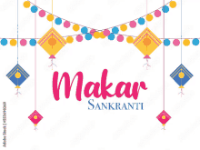 a greeting card for makar sankranti with kites and lights