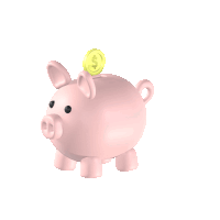 a pink piggy bank with a coin in it