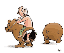 a cartoon of a man riding a bear with a hole in it .