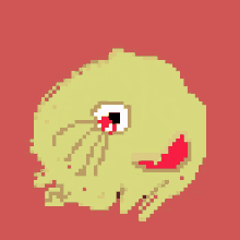 a pixel art image of a yellow object with a red eye