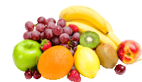 a bunch of fruit including grapes apples oranges lemons kiwi and cherries on a white background