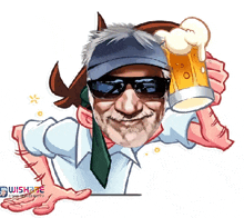 a cartoon of a man wearing sunglasses and a hat holding a mug of beer