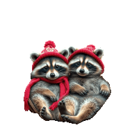 two raccoons wearing red hats and scarves are hugging each other