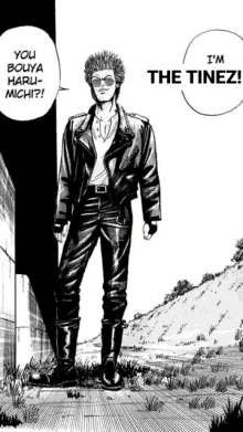 a black and white drawing of a man wearing sunglasses and a leather jacket that says i 'm the time