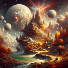 a painting of a city in the middle of a forest with a large planet in the background