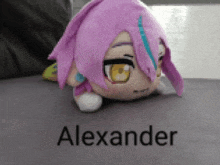 a stuffed animal with purple hair and yellow eyes is laying on a couch with the name alexander written on the bottom .