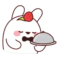 a cartoon bunny with a strawberry on its head holding a silver tray