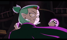 a cartoon character with green hair and a purple cape