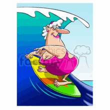 a cartoon of a woman riding a wave on a surfboard