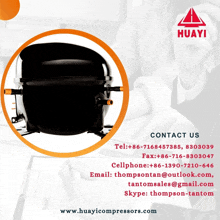 an advertisement for huayi compressors shows a black cylinder in an orange circle