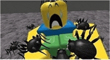 a roblox character is surrounded by spiders and crying while being attacked by spiders .