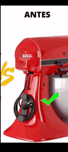 a red kitchen aid mixer with a green check mark on the side