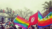 a group of people holding up rainbow colored flags in front of a building that says ' algerie ' on it