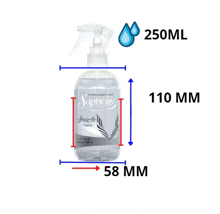 a 250ml bottle of saphirus is shown with measurements on it