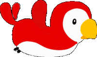 a red and white bird with a yellow beak is floating in the air